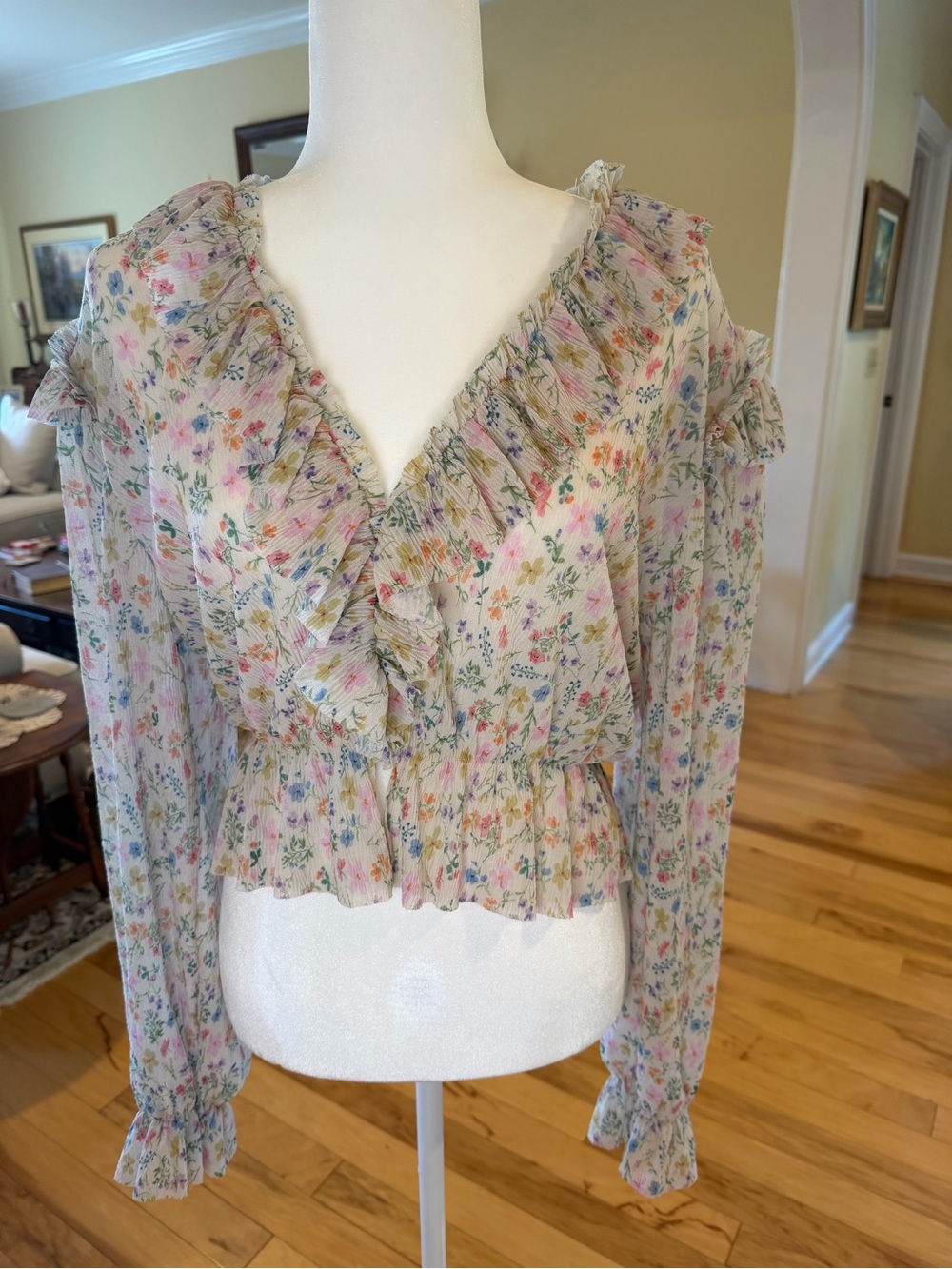By Anthropologie Floral Ruffle Chiffon Blouse S Cottagecore Fairy